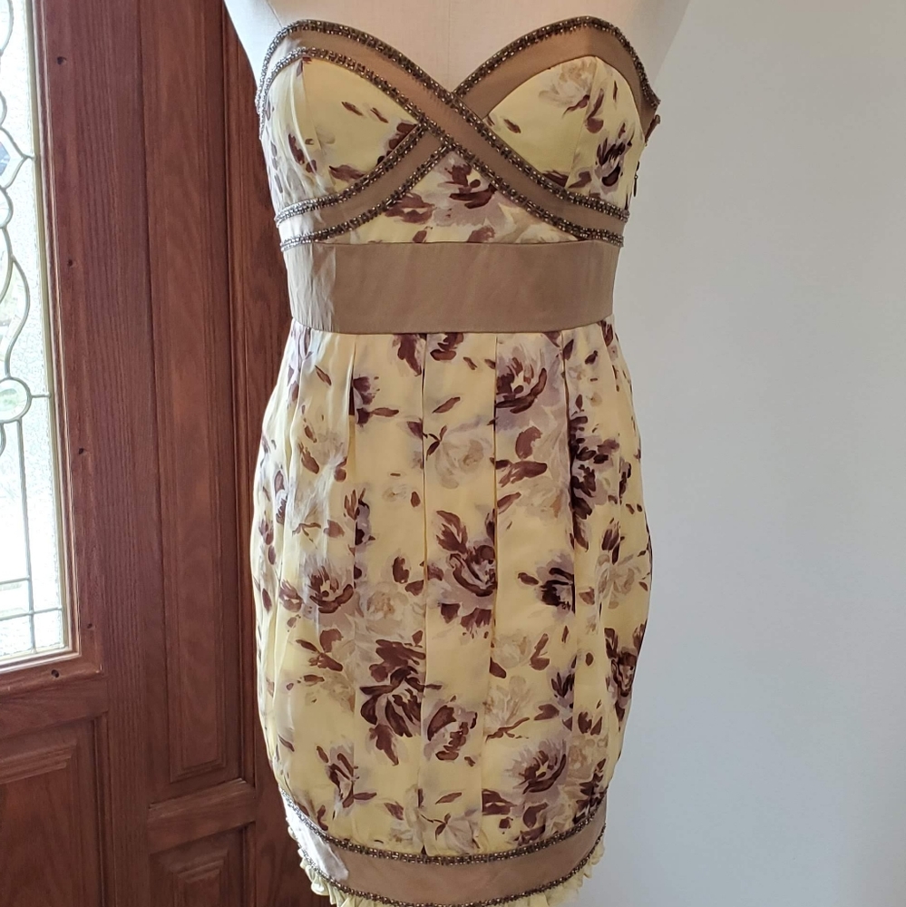 Laundry Yellow Floral Beaded Strapless Dress